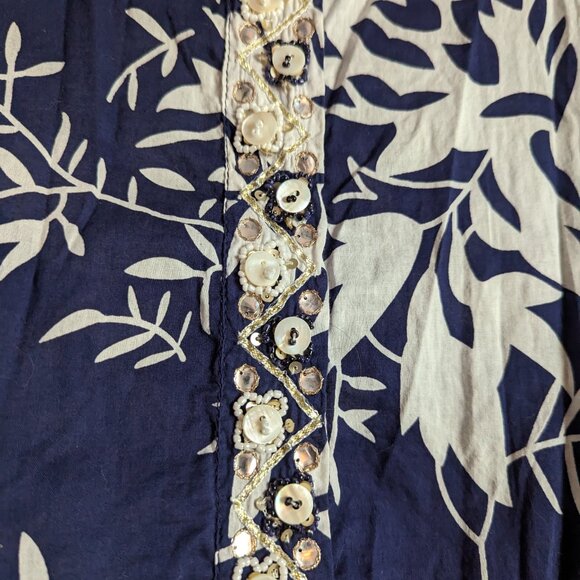 Soft Surroundings Bohemian Blue and White Leaf Print Beaded Tunic With Pockets - Picture 3 of 7